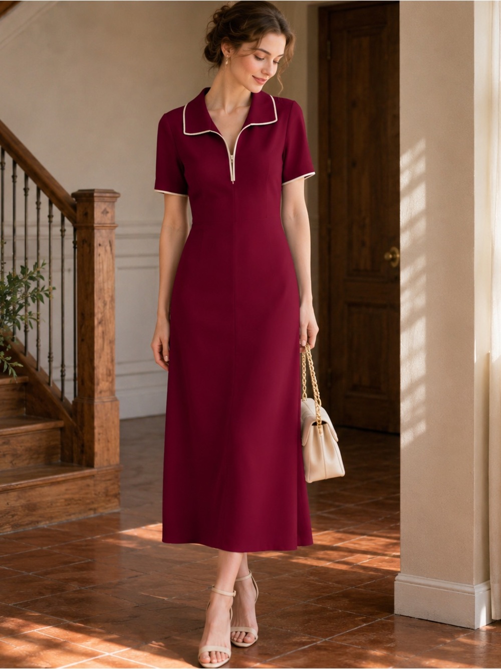 Calvin Klein Burgundy Midi Dress with Contrast Trim